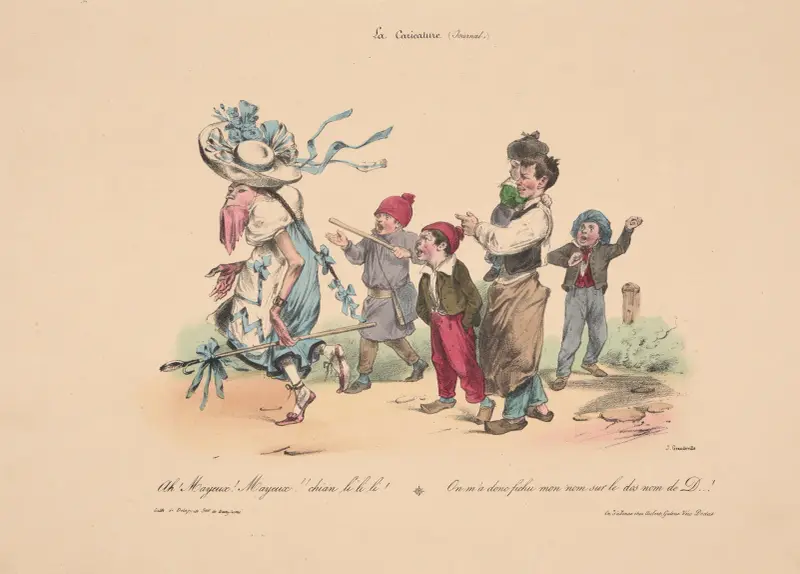 La Caricature; Ah! Mayeux! Mayeux!! Chian li li li! On m’a donc fichu mon nom sur le dos nom de D . . . !. von J. J. Grandville