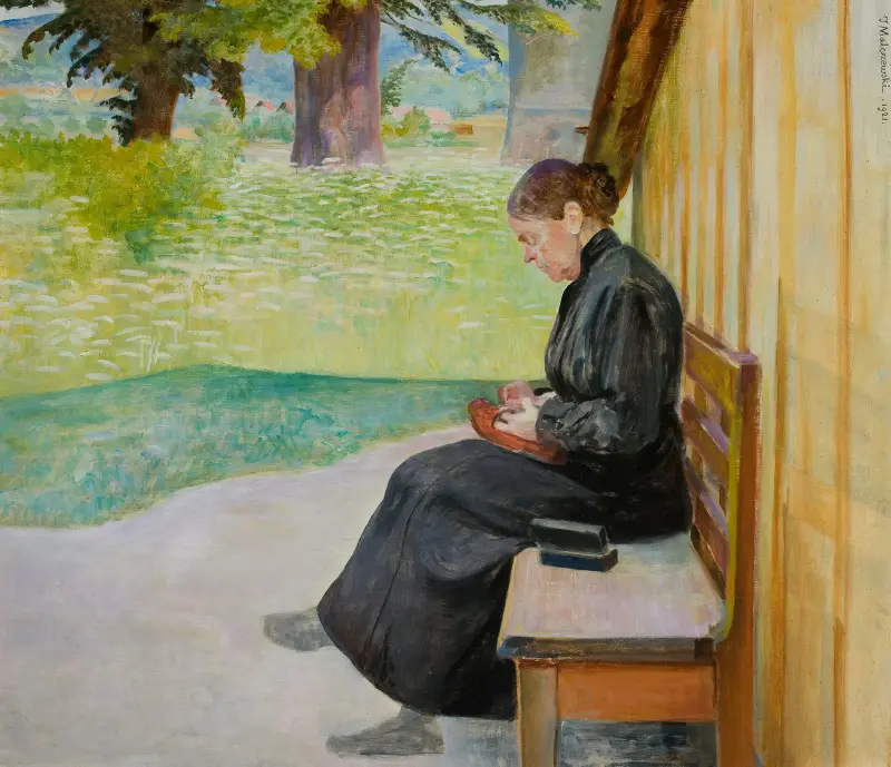 Bronisława, konstnärens syster, framför huset av Jacek Malczewski