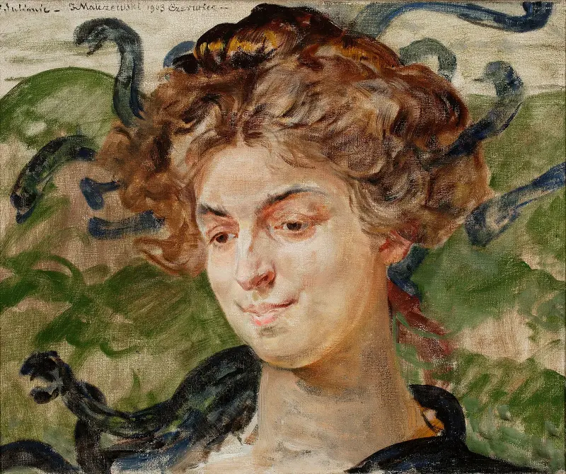 Porträtt av Helena Sulima, skådespelerska, som Gorgon av Jacek Malczewski