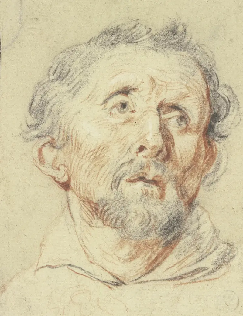 Gammal man framifrån, blickande uppåt av Jacob Jordaens