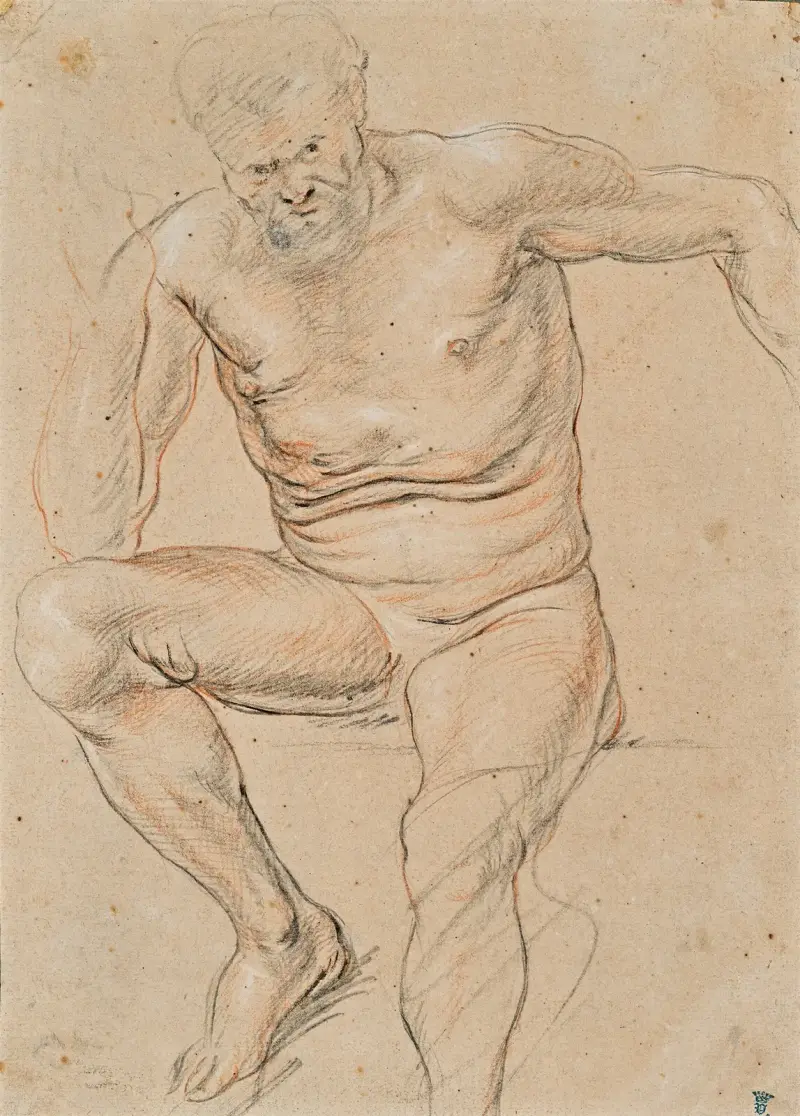 En akademi med en sittande manlig nakenstudie av Jacob Jordaens