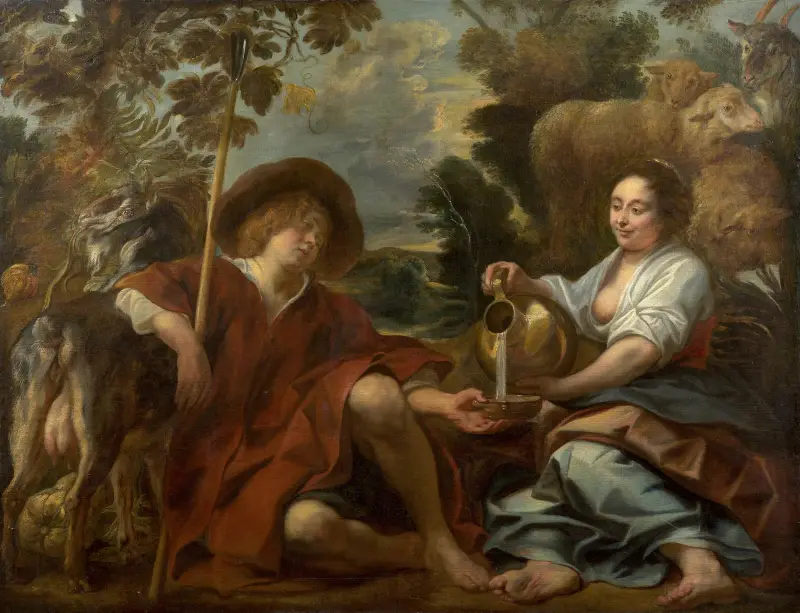 Herdeflicka som ger mjölk till en herde av Jacob Jordaens