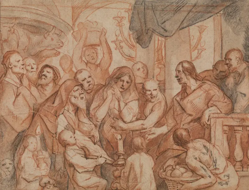 Kristus och äktenskapsbryterskan, förberedande skiss av Jacob Jordaens