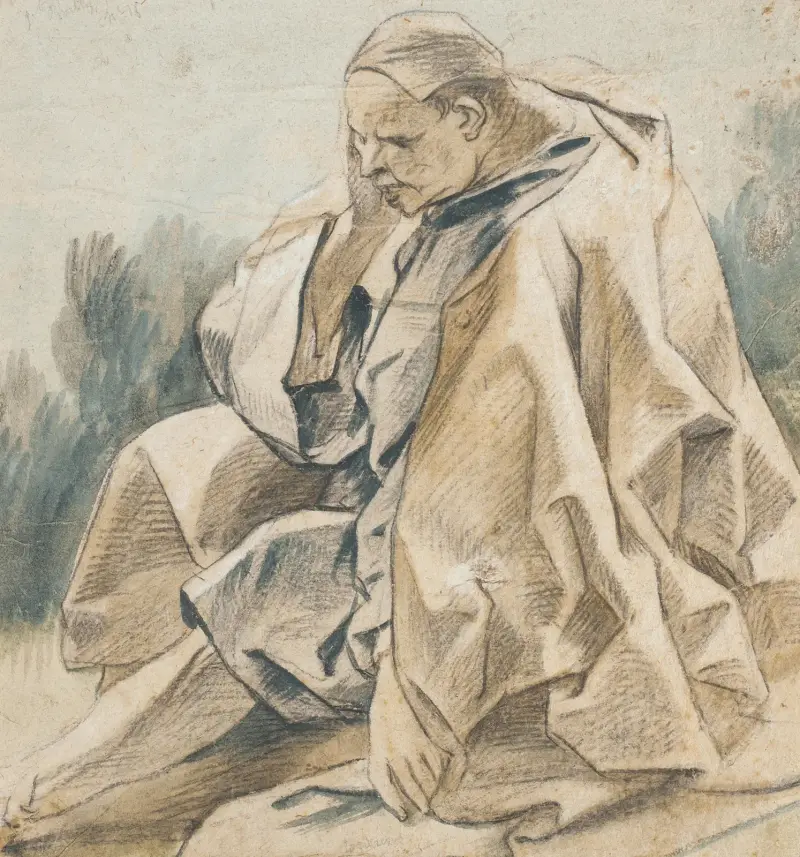 Draperistudie av sittande man med mössa av Jacob Jordaens
