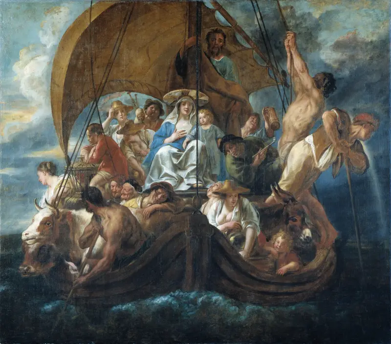 Den heliga familjen med olika personer och djur i en båt av Jacob Jordaens
