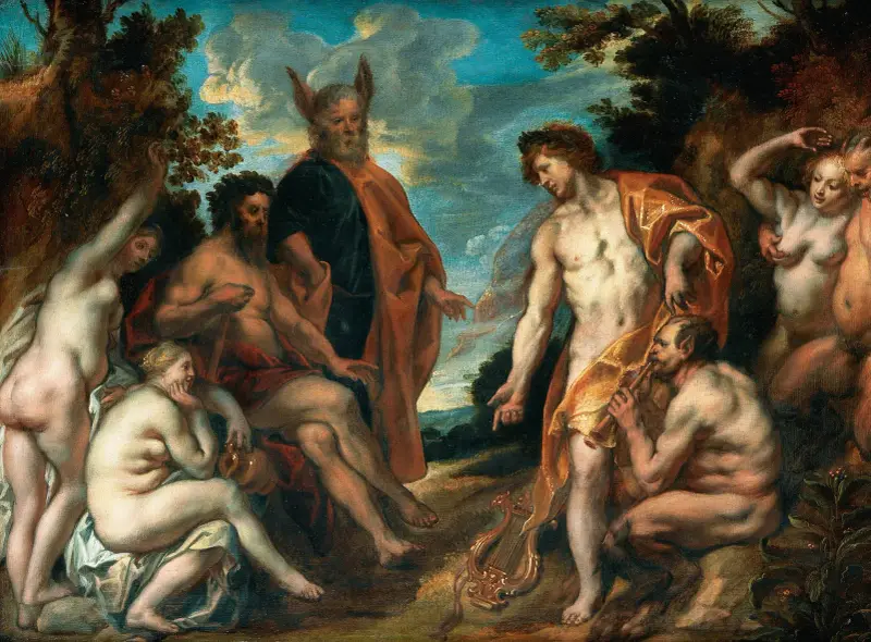 Der musikalische Wettstreit zwischen Apollo und Pan von Jacob Jordaens