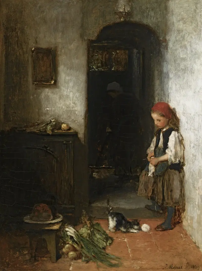 En flicka med en lekande kattunge av Jacob Maris