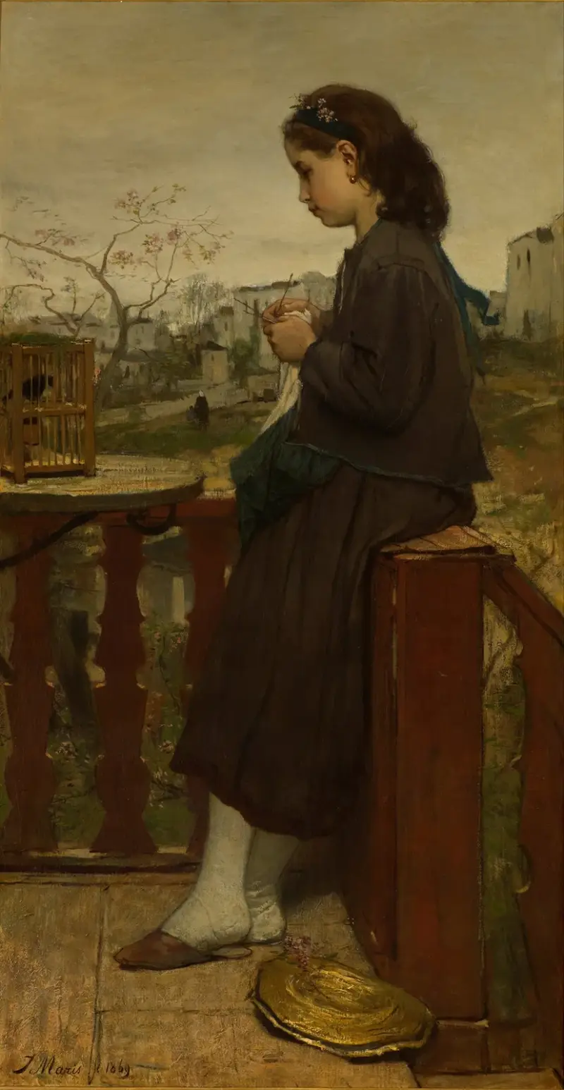 Girl knitting on a balcony, Montmartre av Jacob Maris