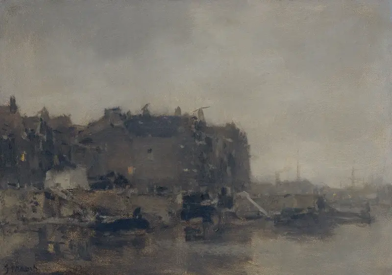 Hus på Prins Hendrikkade, Amsterdam, en dimmig dag av Jacob Maris