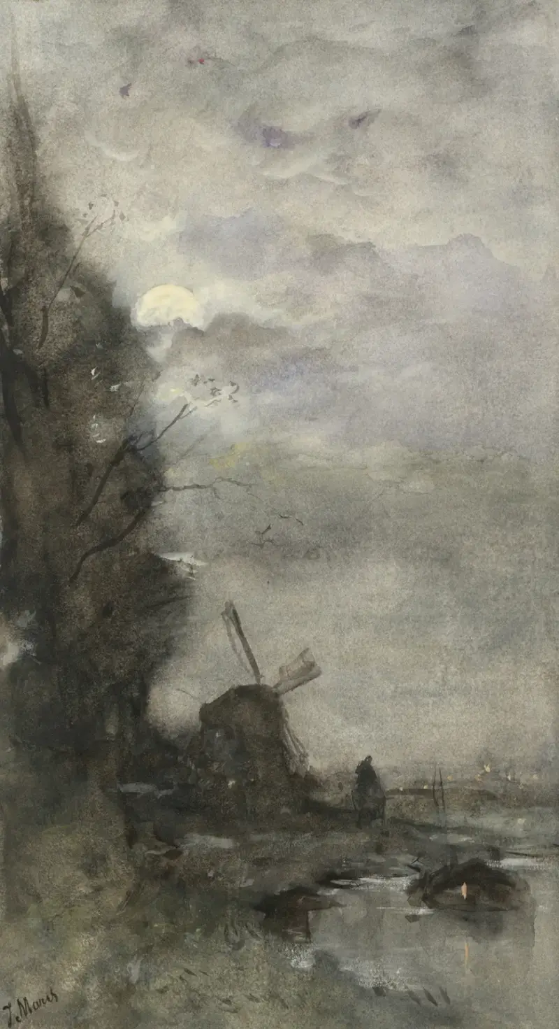Landschap met molen bij maanlicht av Jacob Maris