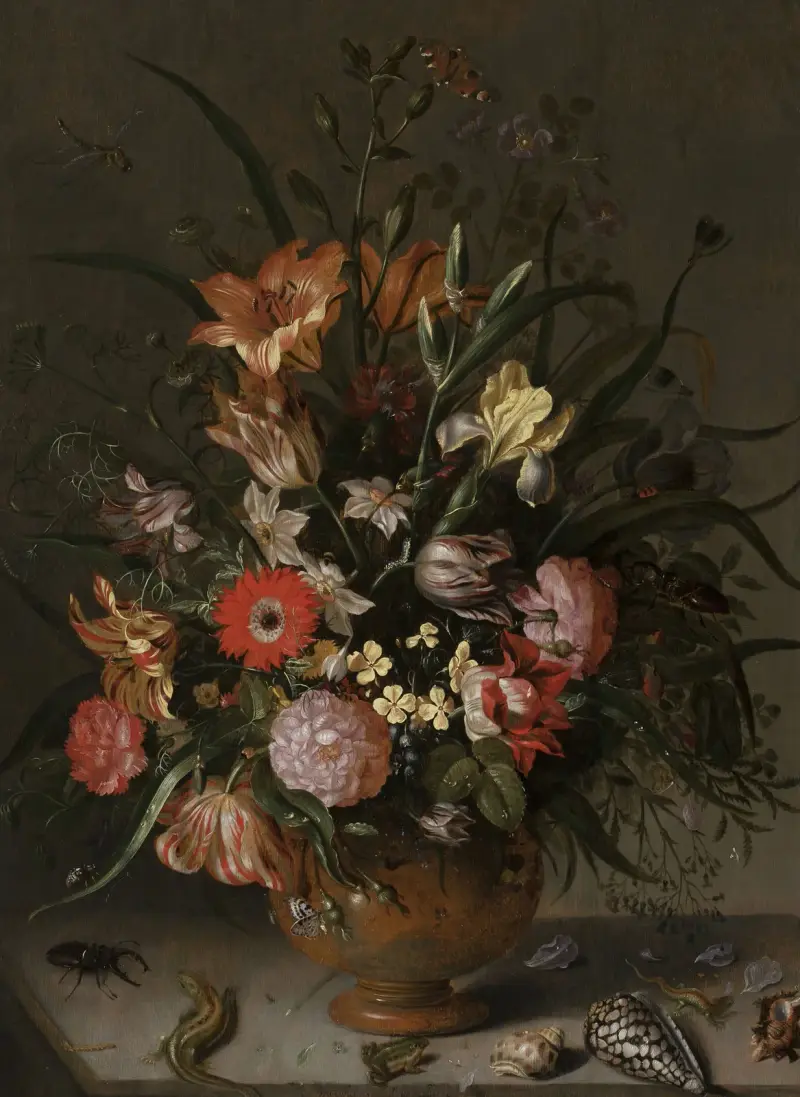 Blomsterbukett i vas, insekter och små varelser av Jacob Marrel