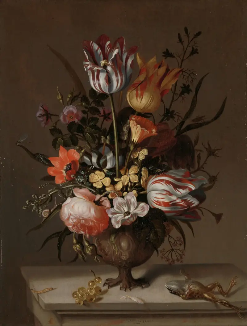 Still Life with a Vase of Flowers and a Dead Frog av Jacob Marrel