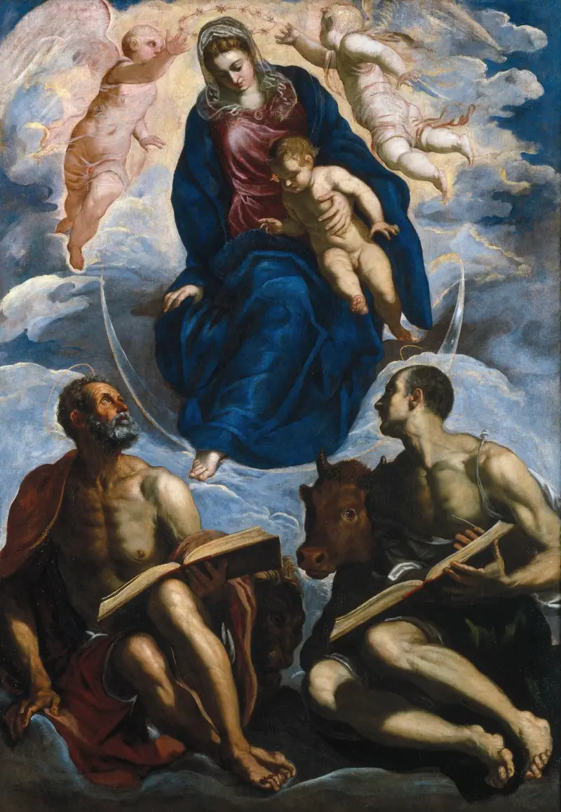 Mary with the Child, Venerated by St. Marc and St. Luke av Jacopo Tintoretto