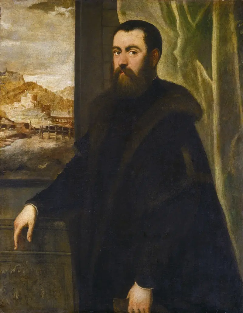 Porträtt av en man med landskapsvy av Jacopo Tintoretto