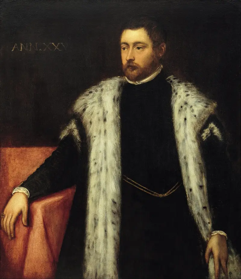 Tjugofemårig ung man med pälsfodrad kappa av Jacopo Tintoretto