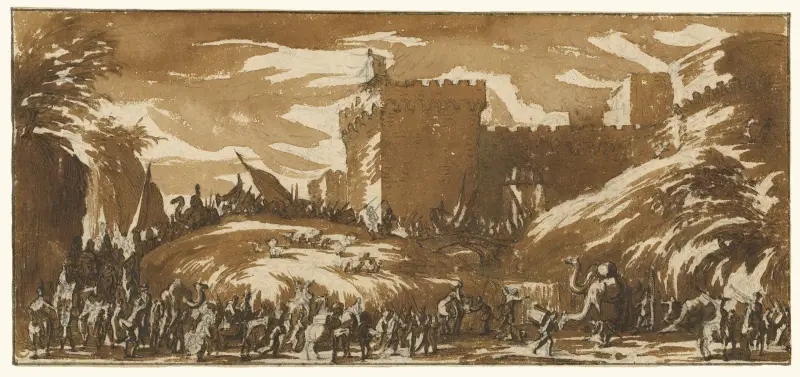 En armé lämnar ett slott av Jacques Callot
