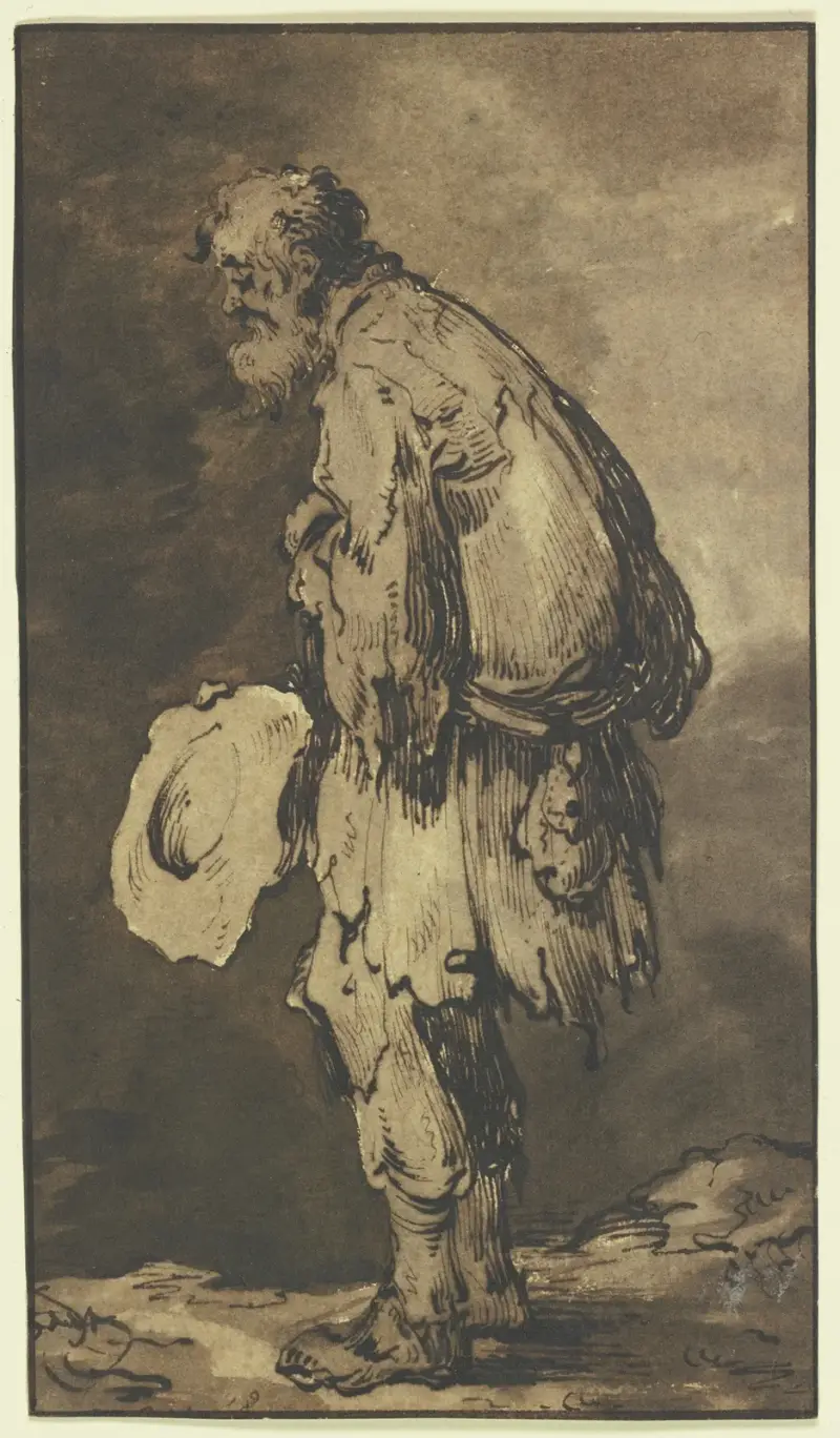 En tiggare, hatten i handen, i profil åt vänster av Jacques Callot