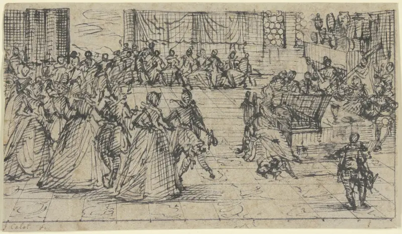 Kavaljerer och damer vid dans, en dam spelar piano och ackompanjeras av en orkester av Jacques Callot