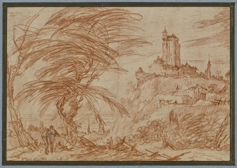 Landschaft, rechts auf einem Hügel ein großer Turm, links eine Baumpartie und einige Figuren av Jacques Callot