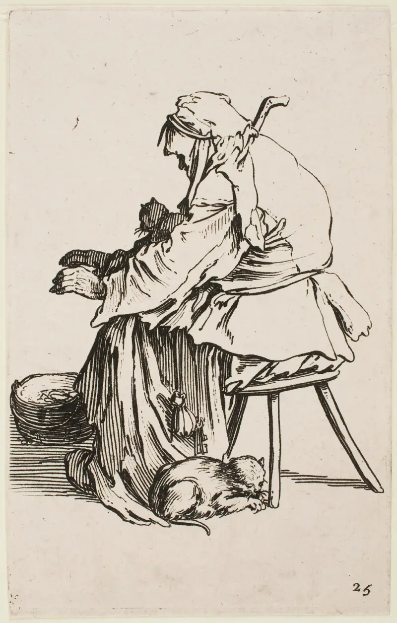Gammal kvinna med katter av Jacques Callot