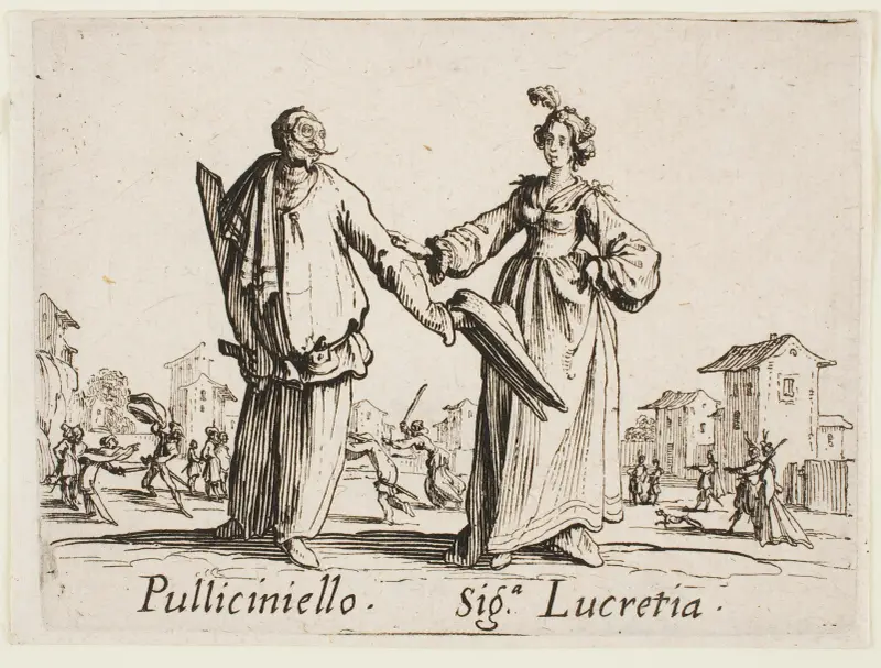 Pulliciniello and Siga Lucretia av Jacques Callot