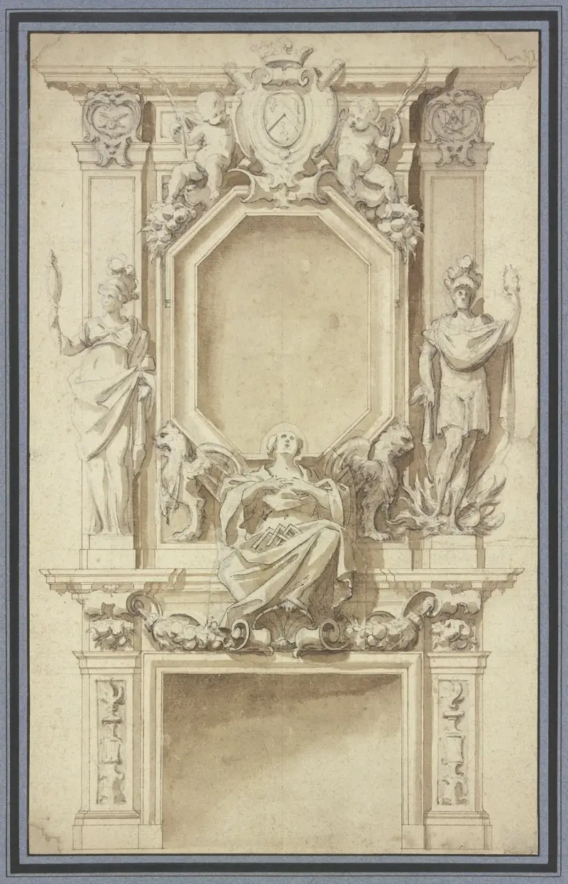 Rikt ornamenterad eldstad av Jacques Callot