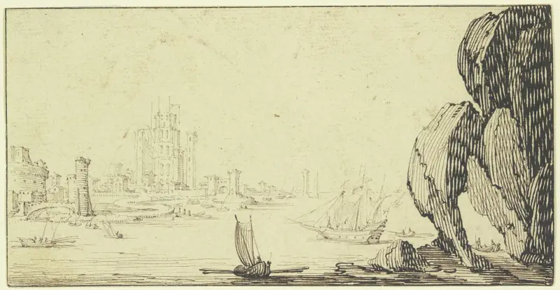 Hamn med skepp, till höger en stor klippa av Jacques Callot