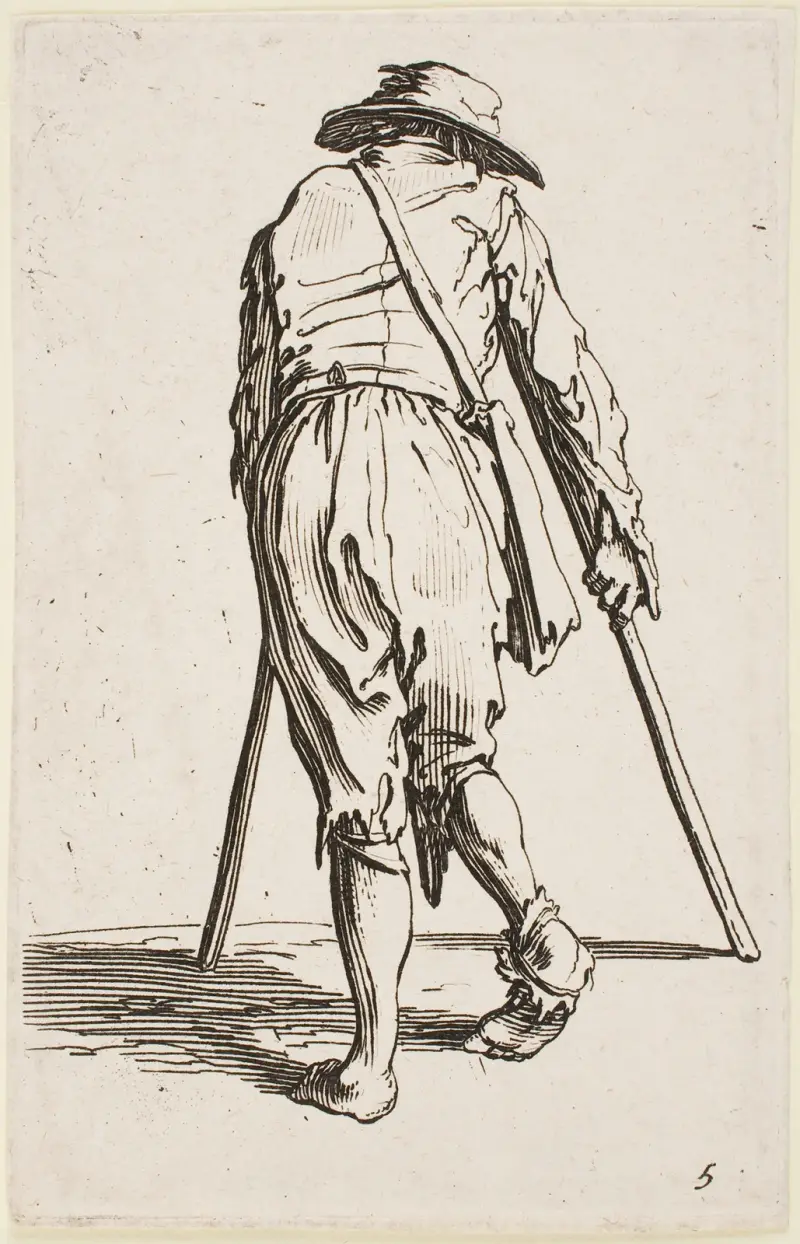 Tiggaren på kryckor med hatt, sedd bakifrån av Jacques Callot