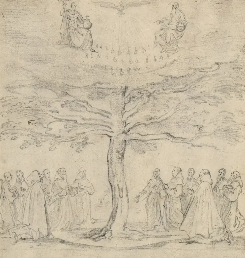 Den heliga treenigheten i livets träd, tillbedd av franciskaner av Jacques Callot