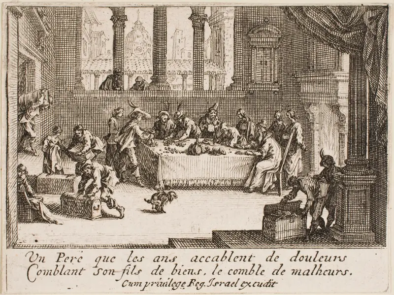 Den förlorade sonen tar emot sitt arv av Jacques Callot
