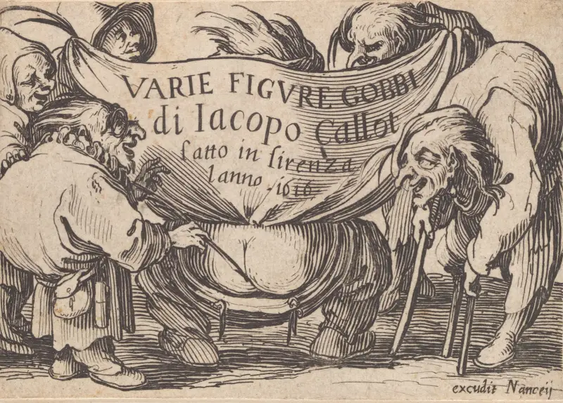 Varie figure gobbi, svit även kallad De puckelryggiga, Pygméerna, Groteska dvärgar – Frontespis av Jacques Callot