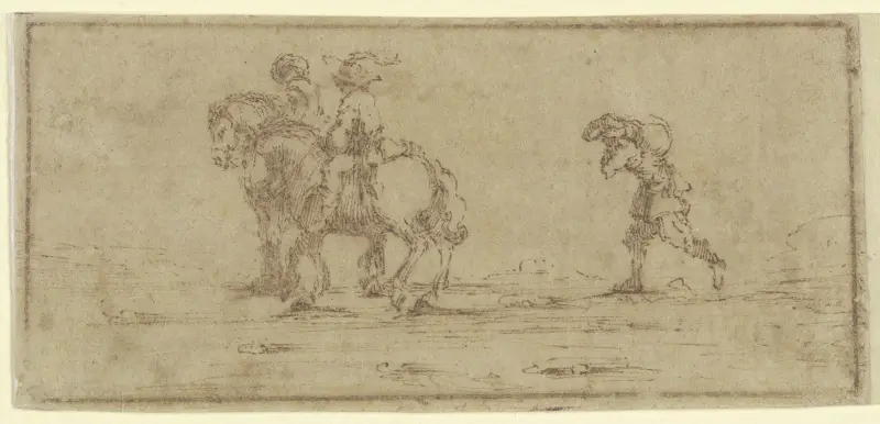 Två ryttare, följda av en man som bär en säck av Jacques Callot