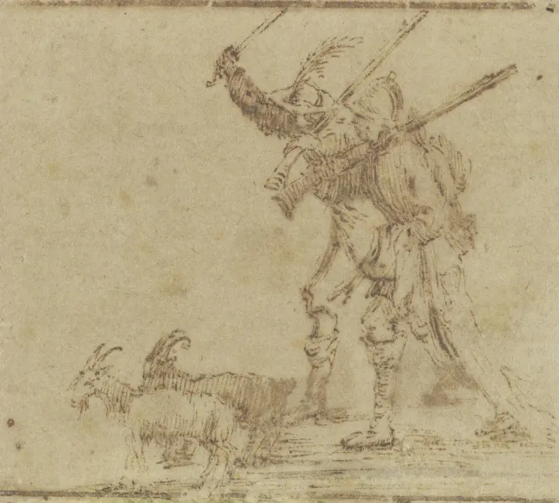 Zwei Soldaten treiben zwei Ziegen vor sich her av Jacques Callot