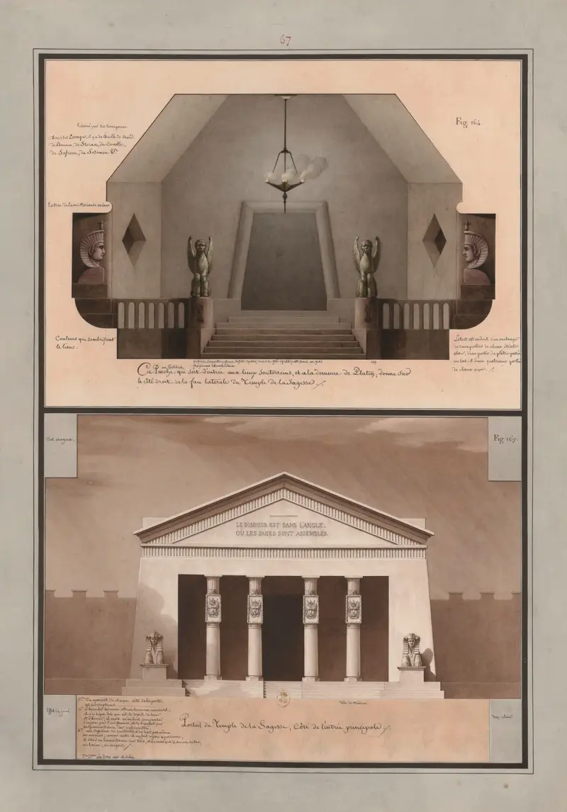 Ce porche ou vestibule, qui sert d’entrée aux lieux souterreins, et a la demeure de Pluton, donne sur le côté droit de la face latérale du temple de la Sagesse av Jean Jacques Lequeu