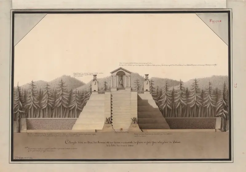 Ce temple dédié au Dieu des Armées, est sur la rive occidentale du fleuve et fait face a la place du palais de la ville des bonnes lettres av Jean Jacques Lequeu