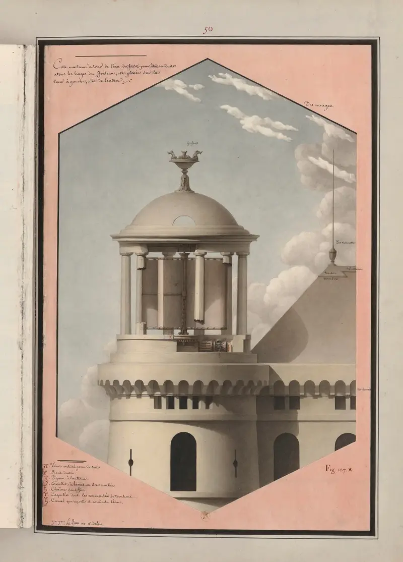 Cette machine à tirer de l’eau du fossé pour être conduite a tous les étages du château ; est placée sur la tour à gauche, côté de l’entrée av Jean Jacques Lequeu