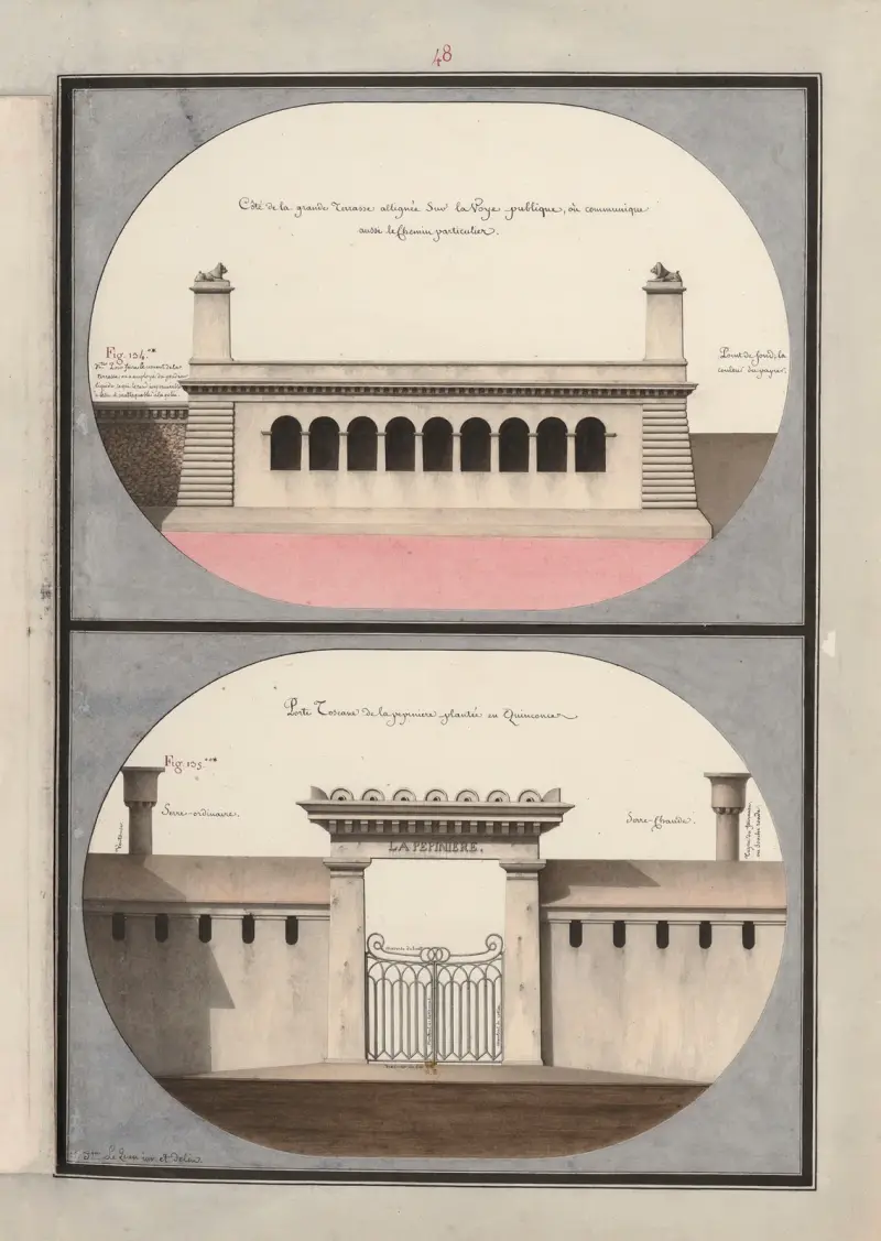 Côté de la grande terrasse allignée sur la voye publique, où communique aussi le chemin particulier ; Porte toscane de la pépinière plantée en quinconce av Jean Jacques Lequeu