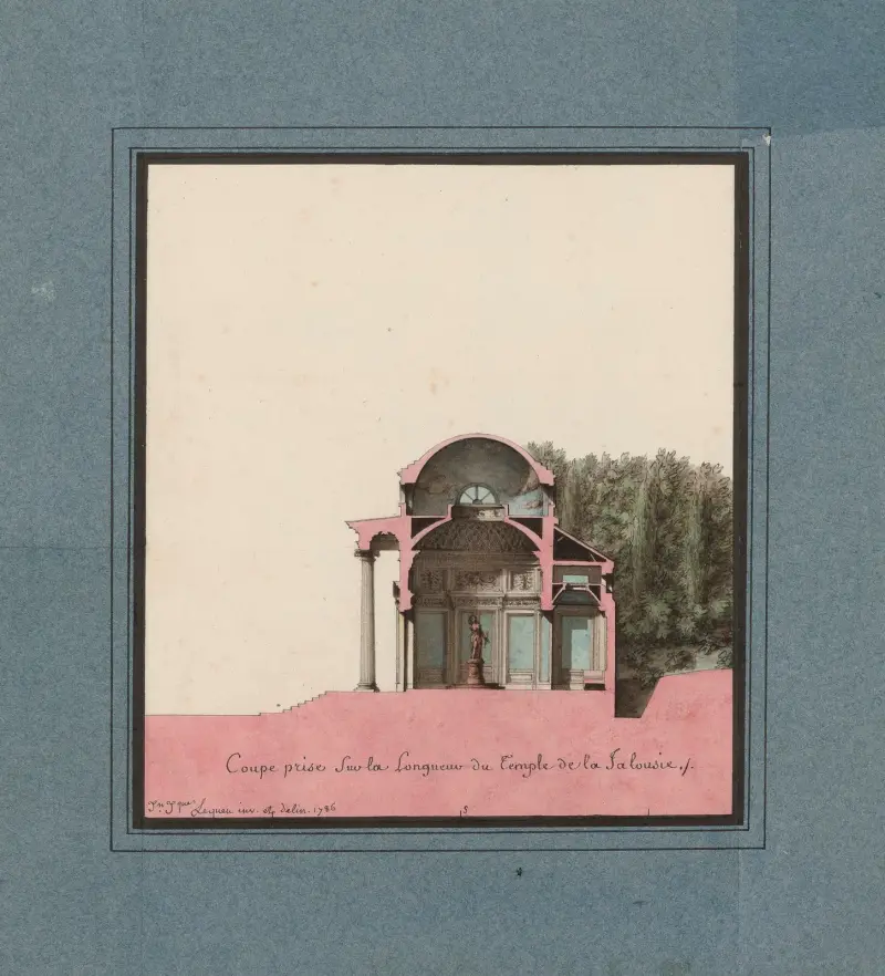 Genomskärning längs Temple de la Jalousies längd av Jean Jacques Lequeu