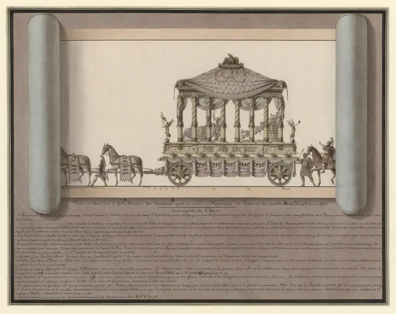 Teckning av den vagn i vilken Alexander fördes efter sin död till Alexandria, där Ptolemaios lät bygga ett magnifikt tempel åt honom av Jean Jacques Lequeu
