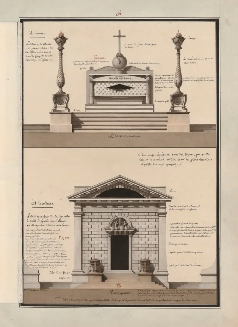 Dessin qui représente avec des figures, par quelle(s) teintes et comment on doit laver les plans élévations et profils des corps opaques, 1777 – nr 2 av Jean Jacques Lequeu
