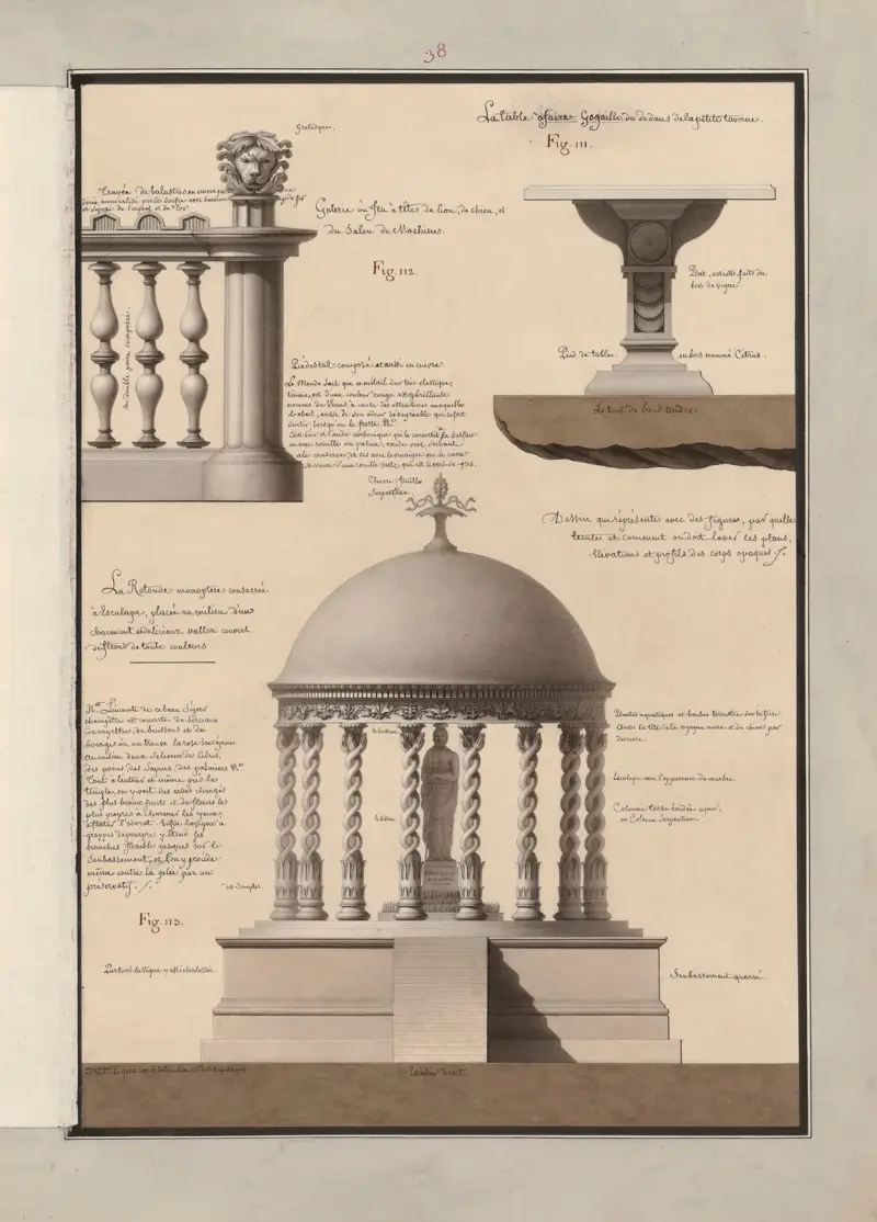 Dessin qui représente avec des figures, par quelle(s) teintes, et comment on doit laver les plans, élévations et profils des corps opaques, 1777 – nr 4 av Jean Jacques Lequeu