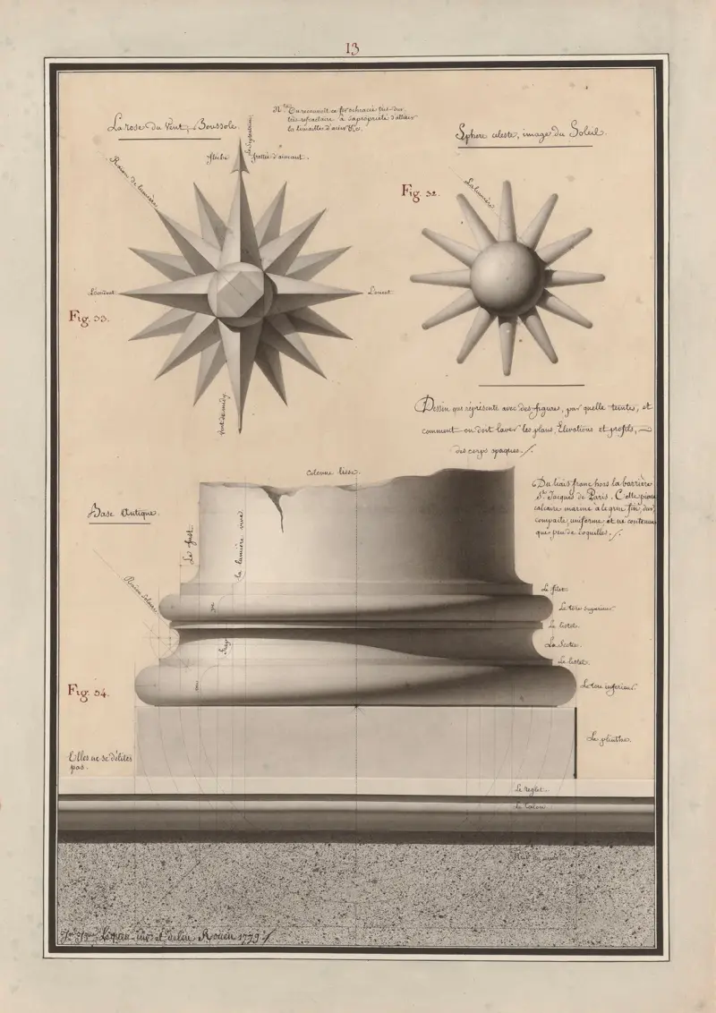 Teckning som med figurer visar med vilka nyanser och hur man ska lavera planer, elevationer och profiler av ogenomskinliga kroppar, 1777 – nr 7 av Jean Jacques Lequeu