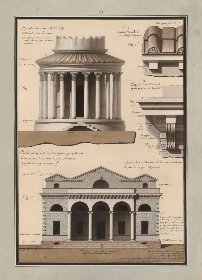 Dessin qui représente avec des figures, par quelle(s) teintes, et comment on doit lever les plans, élévations et profils des corps opaques av Jean Jacques Lequeu