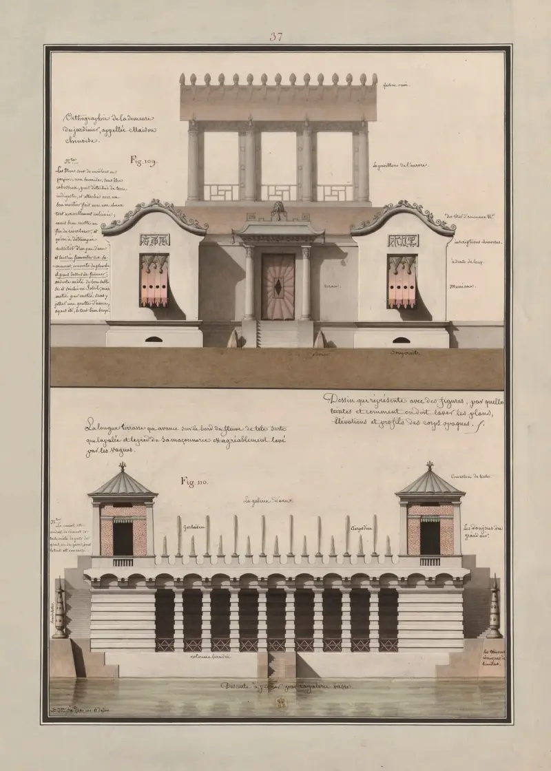 Dessin qui représente avec des figures, par quelle(s) teintes, et comment on doit laver les plans, élévations et profils des corps opaques, 1777 – nr 8 av Jean Jacques Lequeu