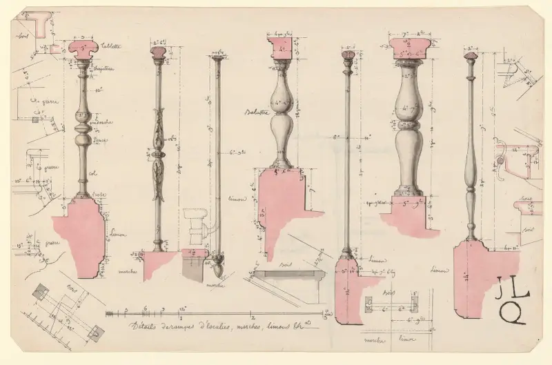 Detaljer av trappräcken, steg, limoner av Jean Jacques Lequeu