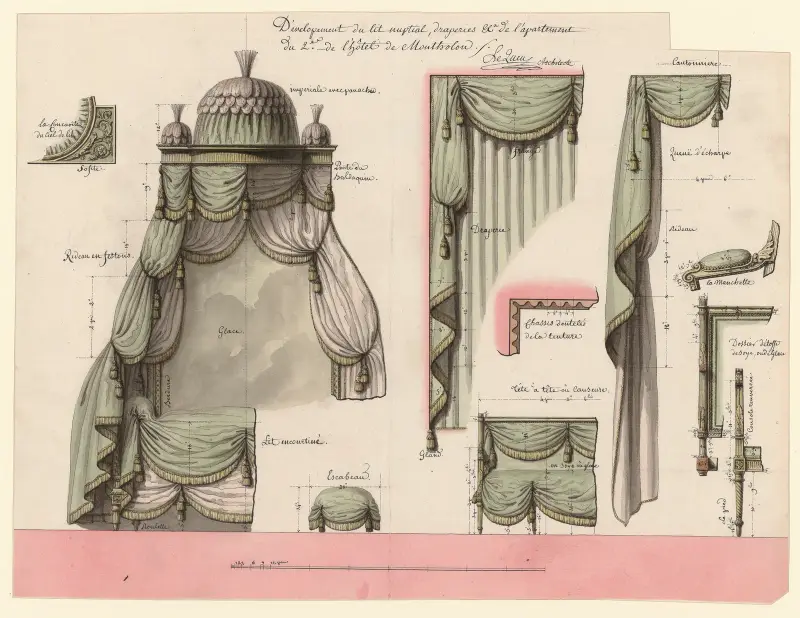 Dévelopement du lit nuptial, draperies… de l’apartement du 2e. de l’hôtel de Montholon av Jean Jacques Lequeu