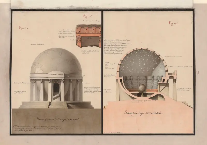 Elévation géométrale du temple de la Terre ; Section de la ligne côté de l’entrée ; Dernière résolution de l’ordre extérieur av Jean Jacques Lequeu