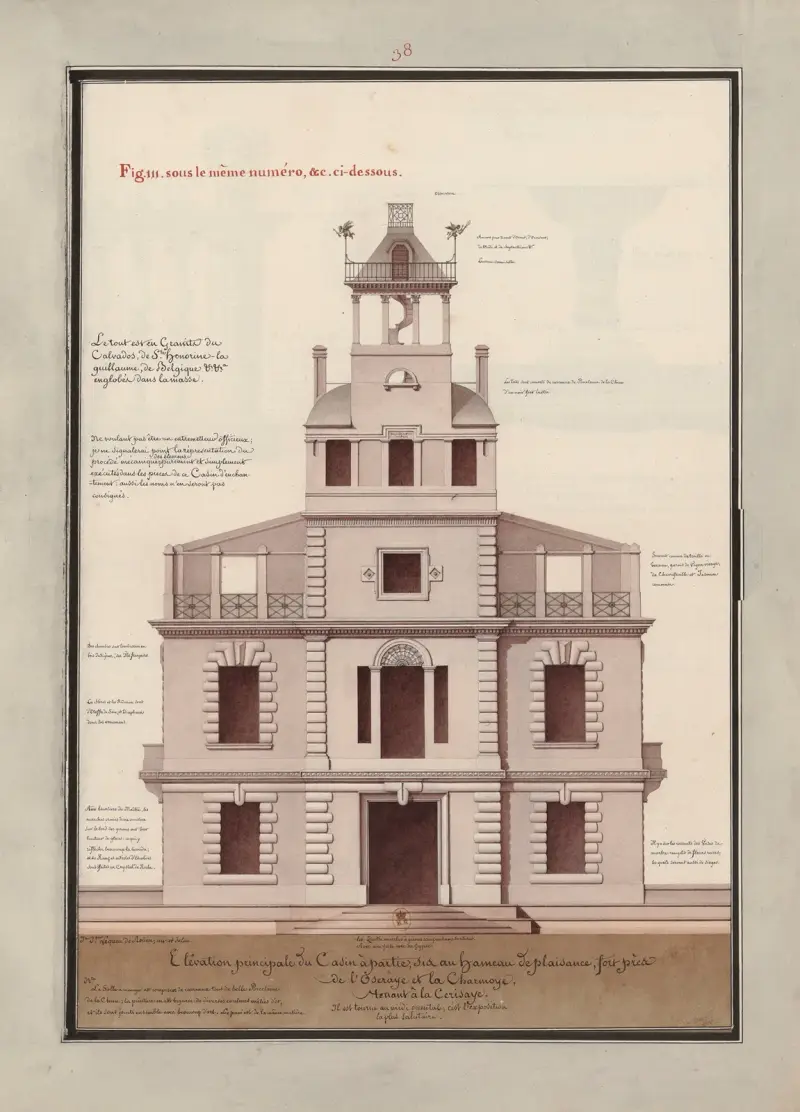 Elévation principale du casin à partie, sis au hameau de plaisance, fort près de l’oseraye et de la charmoye, renant à la cerisaye av Jean Jacques Lequeu
