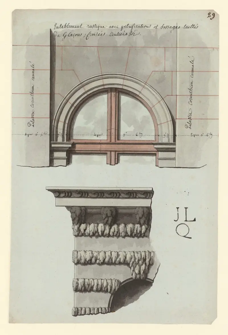 Entablement rustique avec pétrifications et bossages taillés de glaçons ; Croisée cintrées av Jean Jacques Lequeu