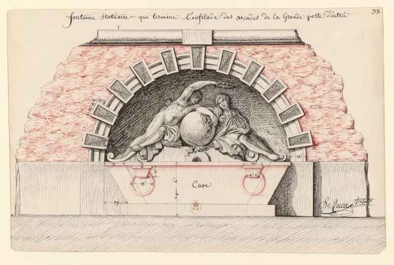 Fontaine statüaire qui termine l’enfilade des arcades de la grande porte d’entrée av Jean Jacques Lequeu